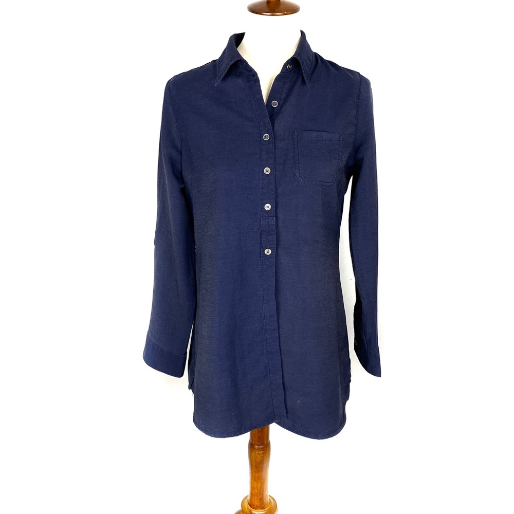 Chico’s Navy Blue Adjustable Sleeve Linen Tunic Blouse Small